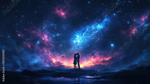 A romantic moment unfolds as a couple kisses, silhouetted against a stunning starry sky. The cosmos swirls with vibrant hues, creating a magical backdrop