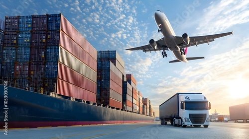 Advanced global transportation and logistics with container ship truck and airplane