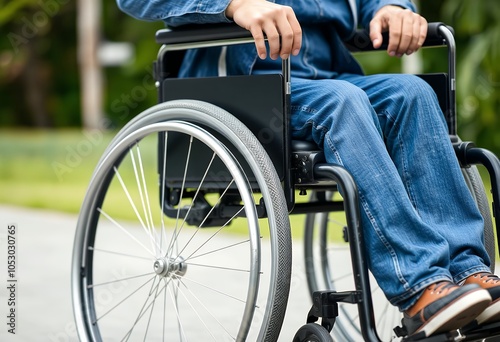 Wheelchair Accessibility Close up of Wheelchair Wheel and User s Legs photo