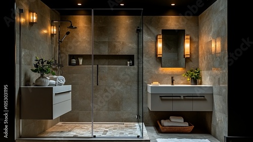 Modern bathroom with walk-in shower, floating vanity, and sleek fixtures. photo