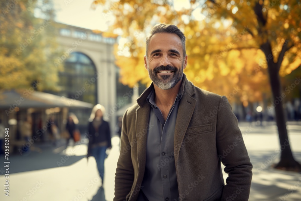 Portrait of handsome middle-aged man in autumn park. Man looking at camera and smiling. Portrait of handsome middle-aged man in autumn park. Man looking at camera and smiling.