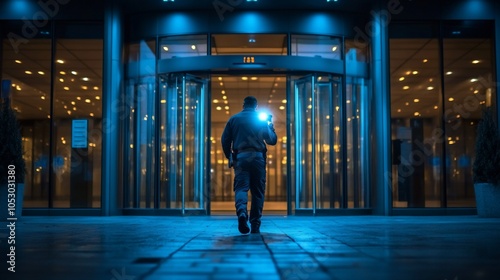 A security guard walks through the automatic doors of a building at night.