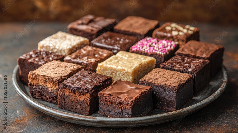 Plate presenting variety of delicious chocolate brownies Plate presenting variety of delicious chocolate brownies