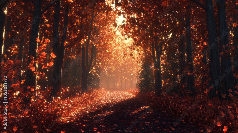 Autumn Forest - A pathway through a forest with golden and red autumn leaves Autumn Forest - A pathway through a forest with golden and red autumn leaves