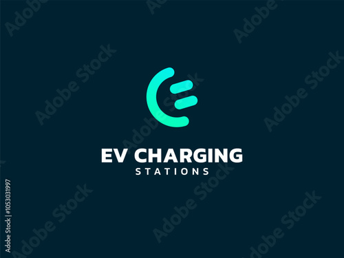 Electric vehicle charging letter E with EV Plug Connector Symbol logo vector design concept. Letter E logotype symbol for Electric Car, EV station, ui, web, ev business, infographic, new technology.