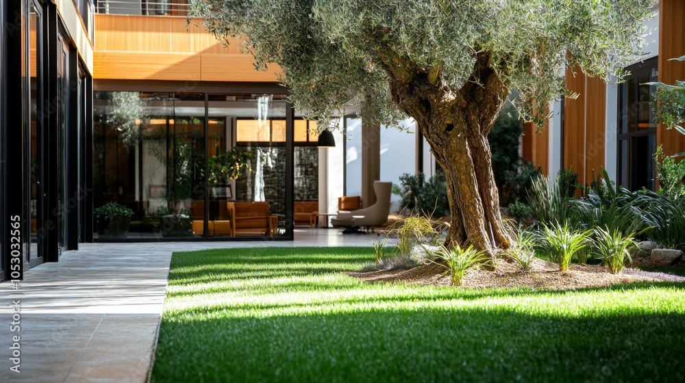 A stylish hotel lobby garden with soft grass and a mature olive tree, illuminated by natural light. Room on the left for promotional content. A stylish hotel lobby garden with soft grass and a mature olive tree, illuminated by natural light. Room on the left for promotional content.