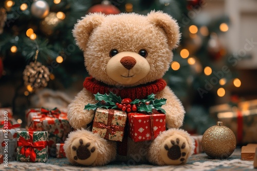 Cute teddy bear holding christmas gifts under christmas tree