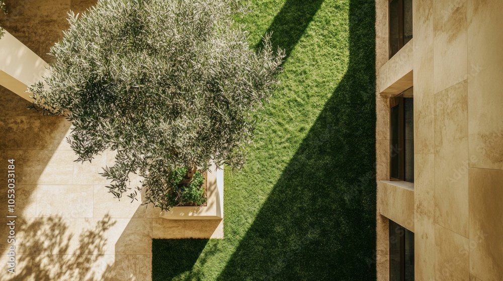 Fototapeta premium A top-down view of an olive tree garden set within a luxury hotel lobby, with neat grass adding a natural touch. Room on the top for text or branding