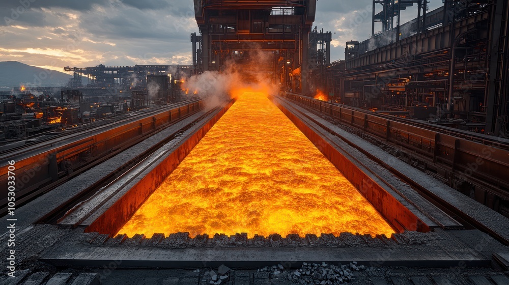 Obraz premium Molten metal flowing in an industrial steel production facility.