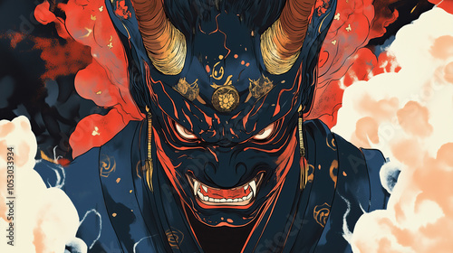 japanese demon oni with horns close up photo