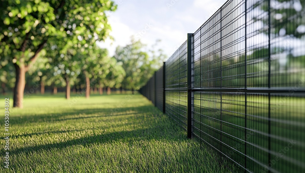 A black metal fence stands tall in a lush green field. A black metal fence stands tall in a lush green field.
