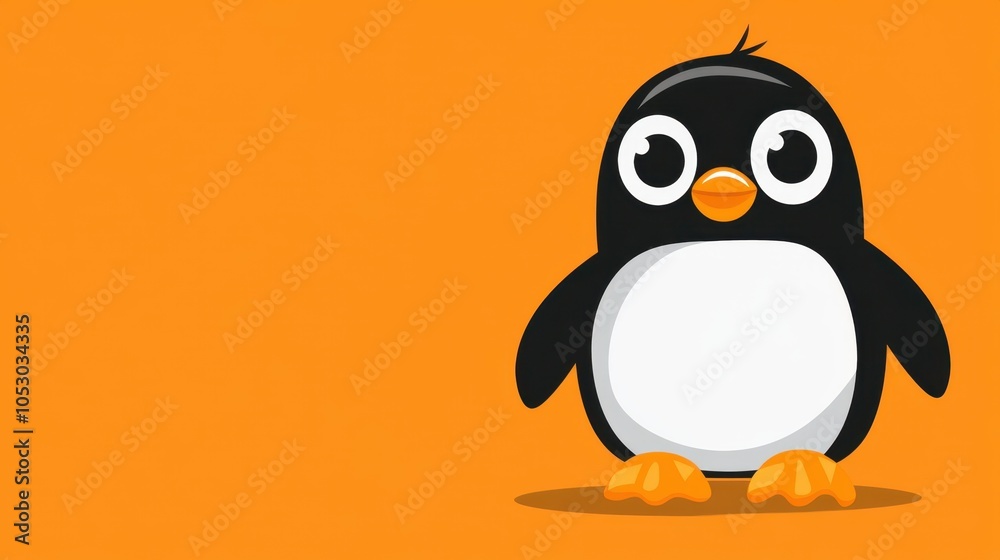 Obraz premium Adorable penguin cartoon with wide eyes and a playful stance on an orange backdrop, ideal for children content