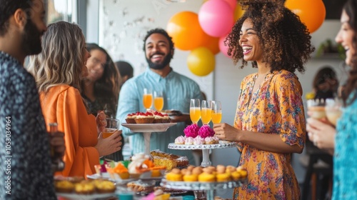 A birthday brunch with colorful pastries, mimosas, and guests chatting happily. photo