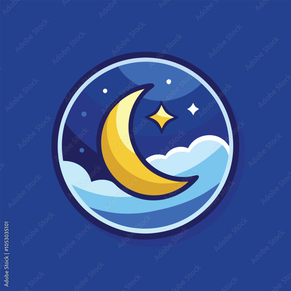 Obraz premium A crescent moon with a star and clouds, a cute nighttime scene.