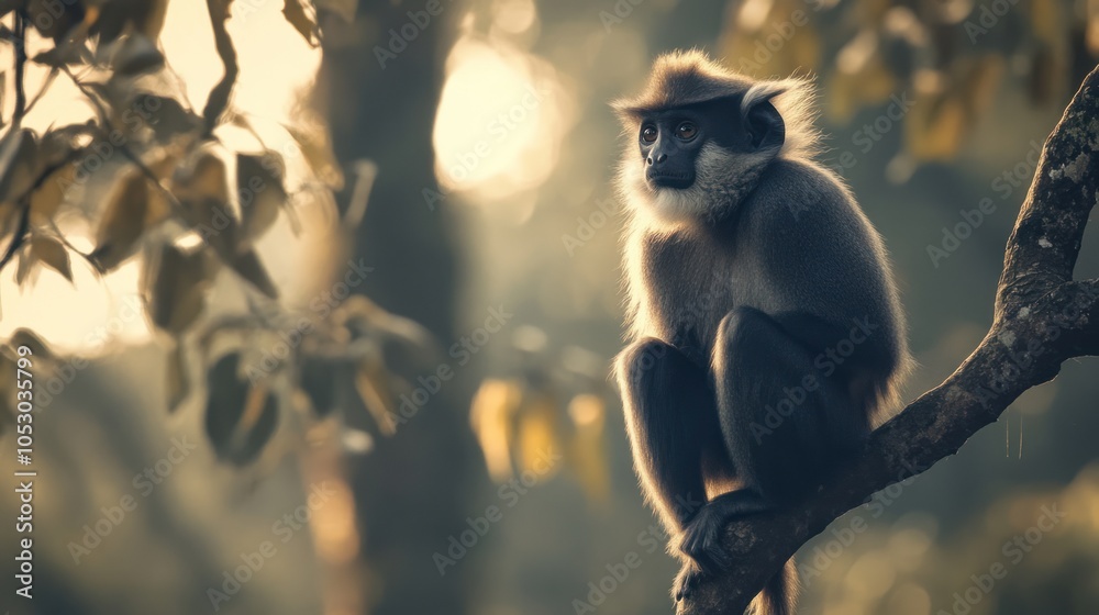 Obraz premium Dusky Langur perched on a tree, soft morning light highlighting its dark fur and white patches.