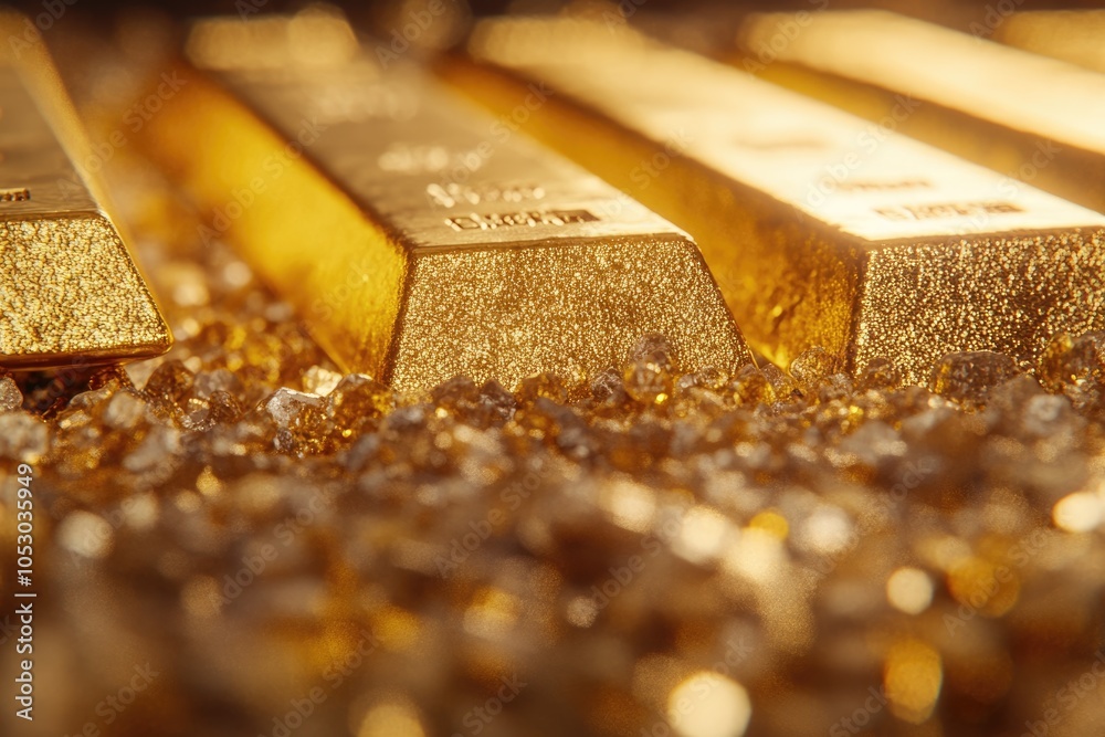 Gold bars on nugget grains background close up Gold bars on nugget grains background close up