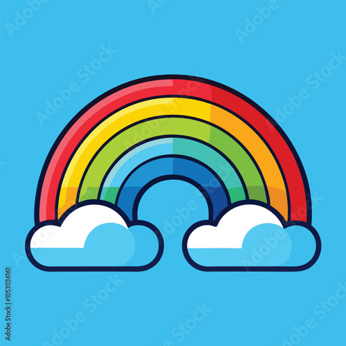 A vibrant rainbow arching over fluffy white clouds against a bright blue sky.