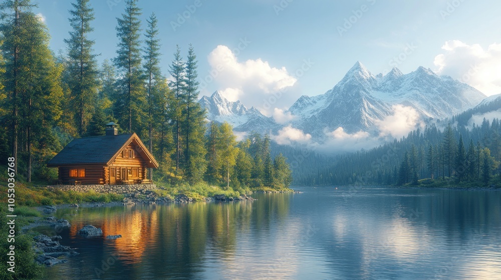 Fototapeta premium Serene lakeside cabin surrounded by mountains and lush trees.