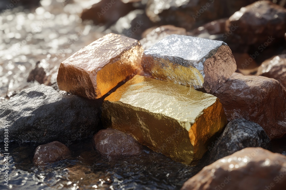 Ingots of pure gold silver and copper on a rocky ground with flowing water. valuable minerals Ingots of pure gold silver and copper on a rocky ground with flowing water. valuable minerals