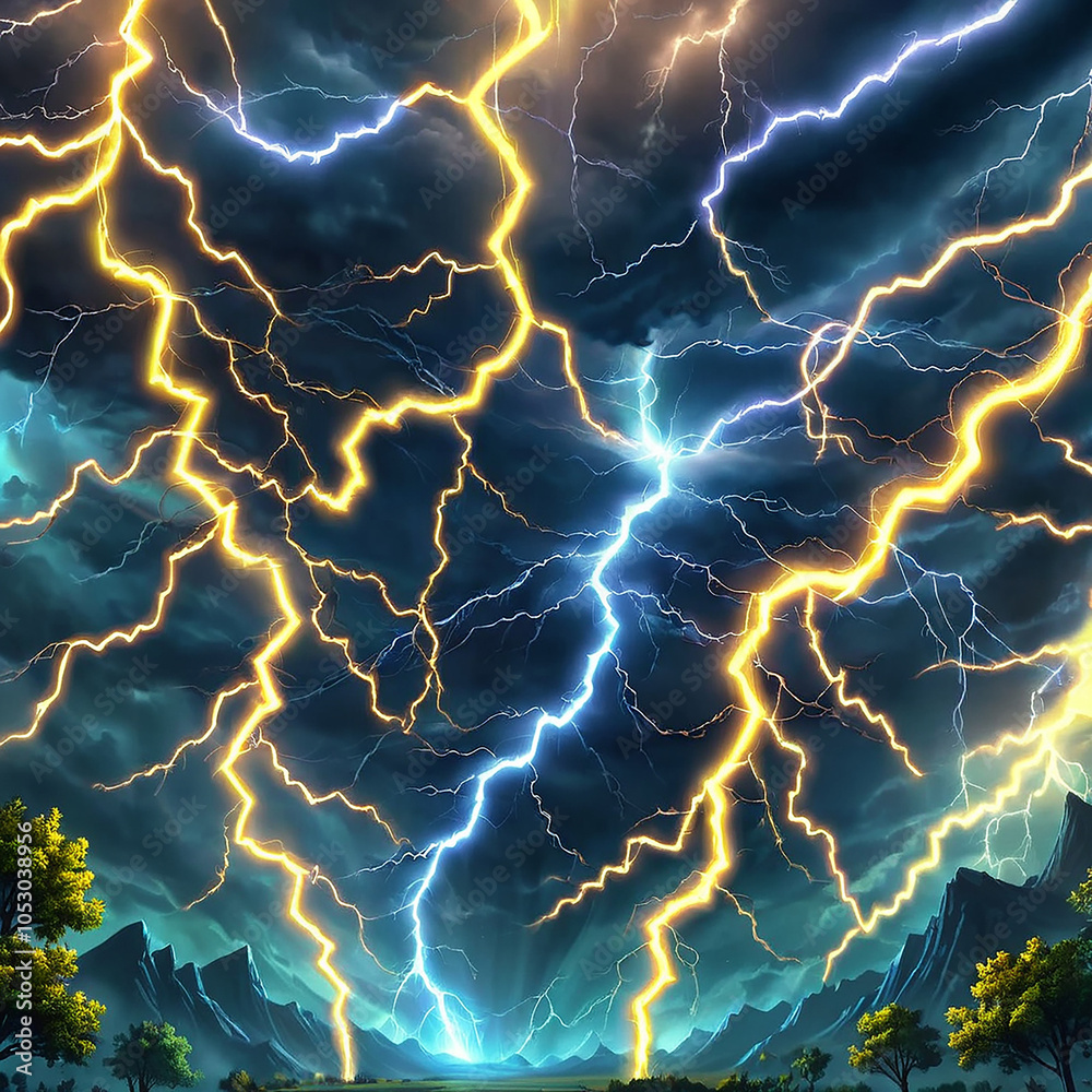 A dark, stormy sky filled with lightning strikes over a mountainous landscape. Two prominent bolts, one white and one yellow, illuminate the scene. A dark, stormy sky filled with lightning strikes over a mountainous landscape. Two prominent bolts, one white and one yellow, illuminate the scene.