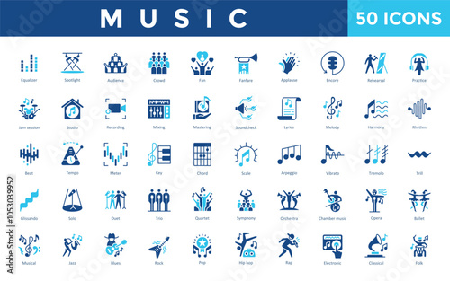 Music icon set with equalizer, spotlight, audience, crowd, fan, fanfare, applause, encore, rehearsal, practice icon. Simple flat vector 

