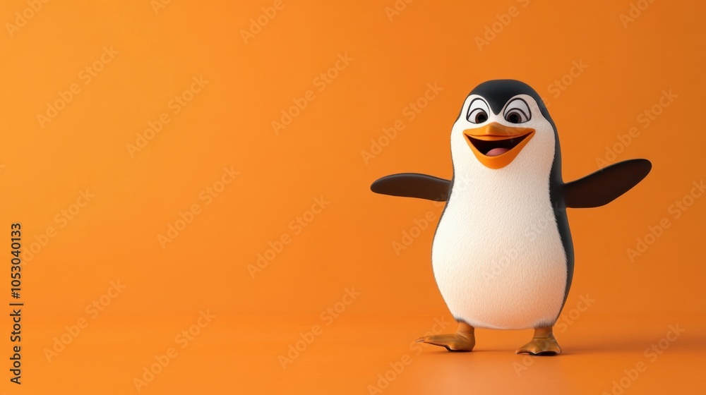 Cute penguin character on bright orange background, smiling and expressing joy, fun and friendly illustration