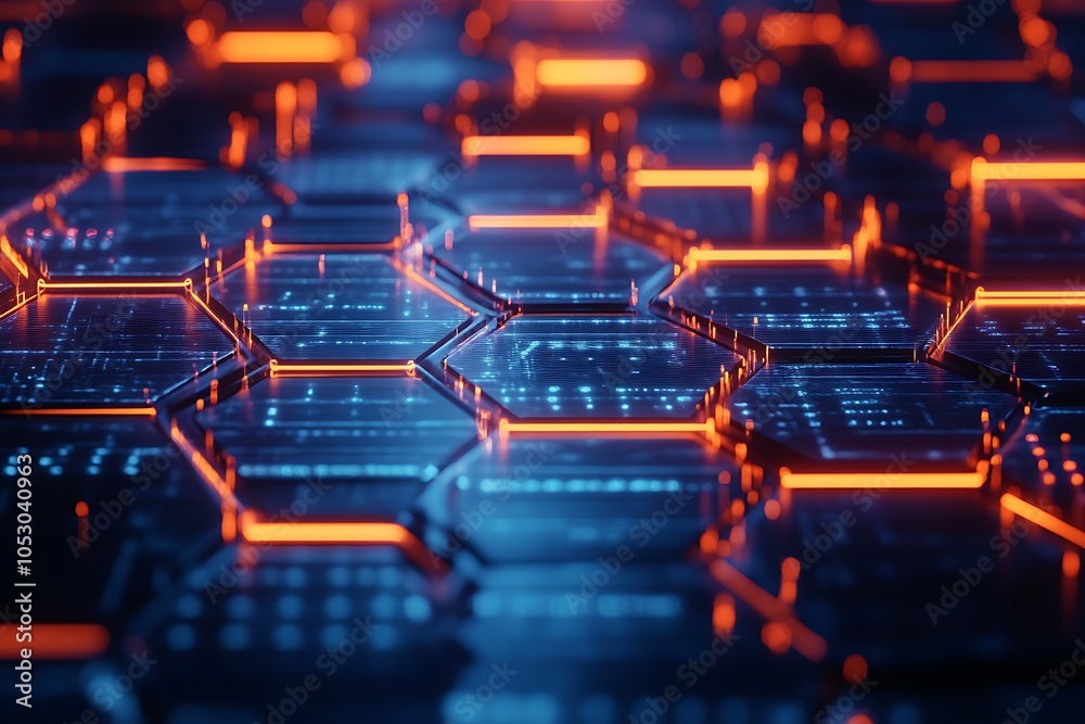 Abstract Futuristic Hexagon Pattern with Orange and Blue Lights Abstract Futuristic Hexagon Pattern with Orange and Blue Lights