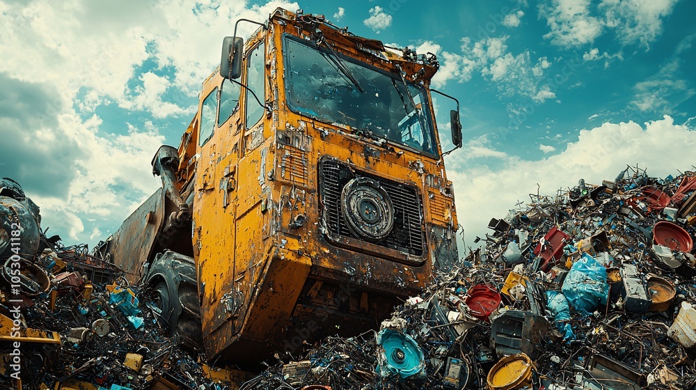 Waste management machinery in recycling facility, symbolic, industrial, high quality, macro lens, 16:9 Waste management machinery in recycling facility, symbolic, industrial, high quality, macro lens, 16:9