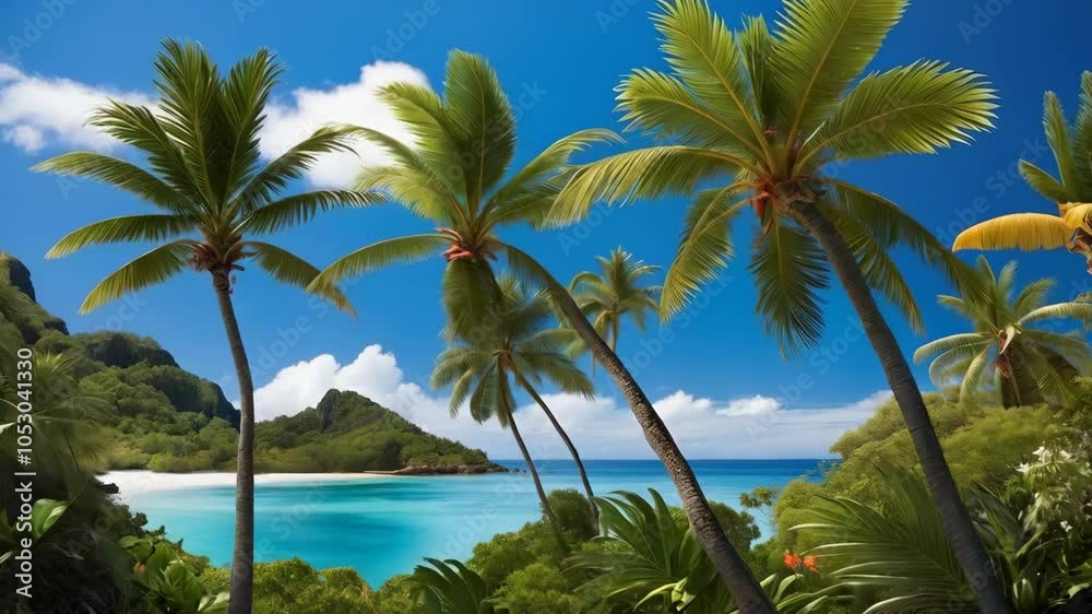 A beach with palm trees and a blue sky A beach with palm trees and a blue sky
