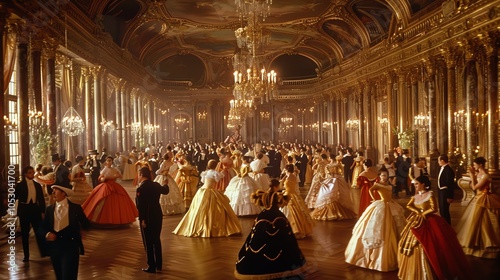 A lavish ballroom with many people in period dress dancing.