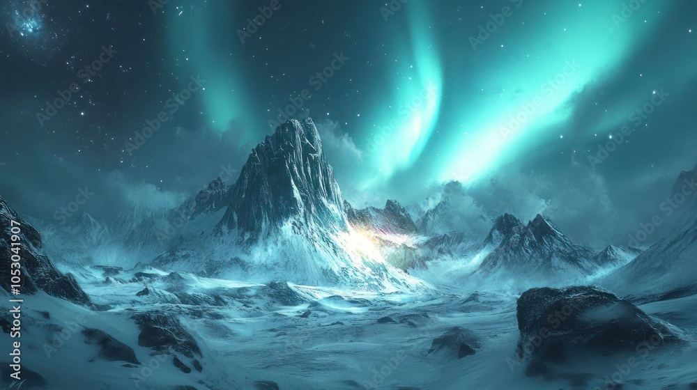 Northern Lights - Aurora borealis shining across a snowy landscape Northern Lights - Aurora borealis shining across a snowy landscape