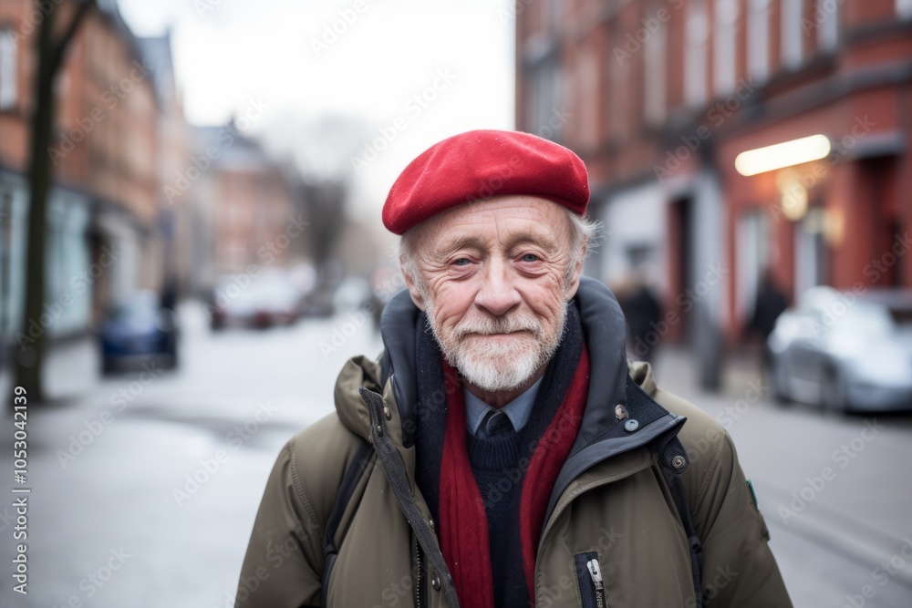 Portrait of an elderly man in a red beret on the street Portrait of an elderly man in a red beret on the street