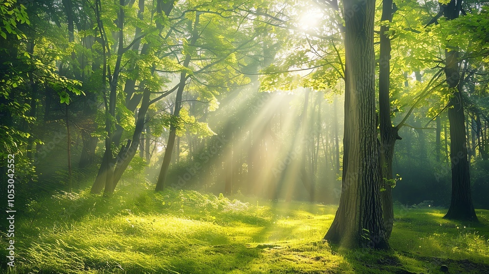 Obraz premium Sunbeams shining through the trees in a misty forest.