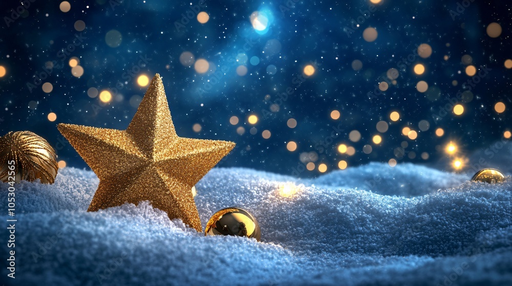 A sparkling golden star rests on soft snow, surrounded by shimmering lights, creating a magical winter ambiance. A sparkling golden star rests on soft snow, surrounded by shimmering lights, creating a magical winter ambiance.