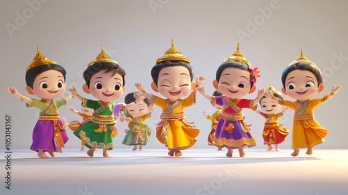 A group of 3D cartoon children in colorful traditional Thai attire, happily dancing