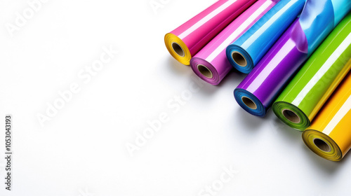 Colorful rolls of vinyl wrap are arranged neatly, showcasing vibrant hues of pink, purple, green, and yellow. These materials are perfect for creative projects and crafts