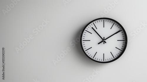 A white analog clock with black hands on a white wall.