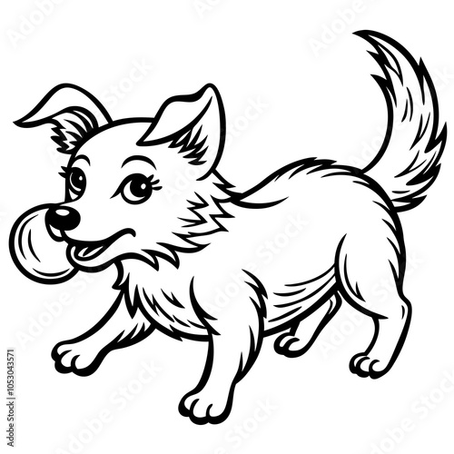 Little dog playing with a ball line art on a white background