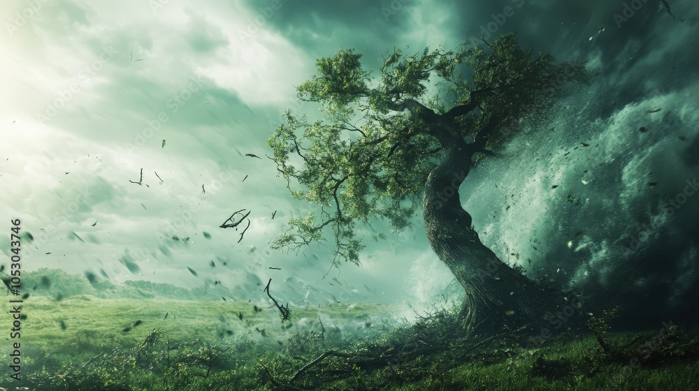 A large tree being uprooted by hurricane winds, with branches breaking A large tree being uprooted by hurricane winds, with branches breaking