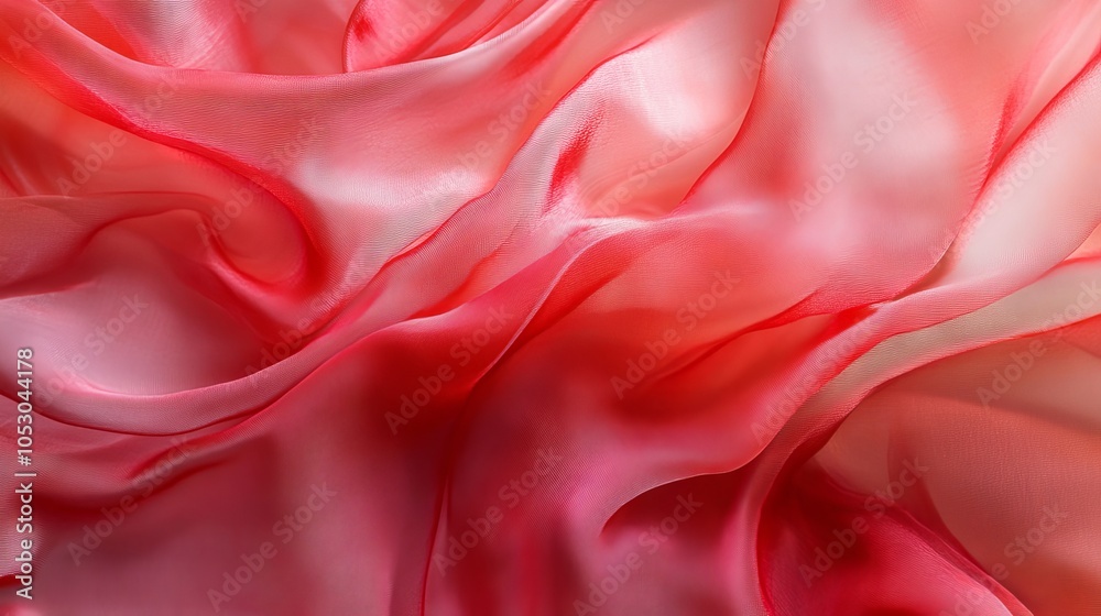 Fototapeta premium Abstract background featuring semitransparent red silk fabric flowing in elegant, soft waves, creating a luxurious, textured visual effect with delicate light interplay and vivid color tones