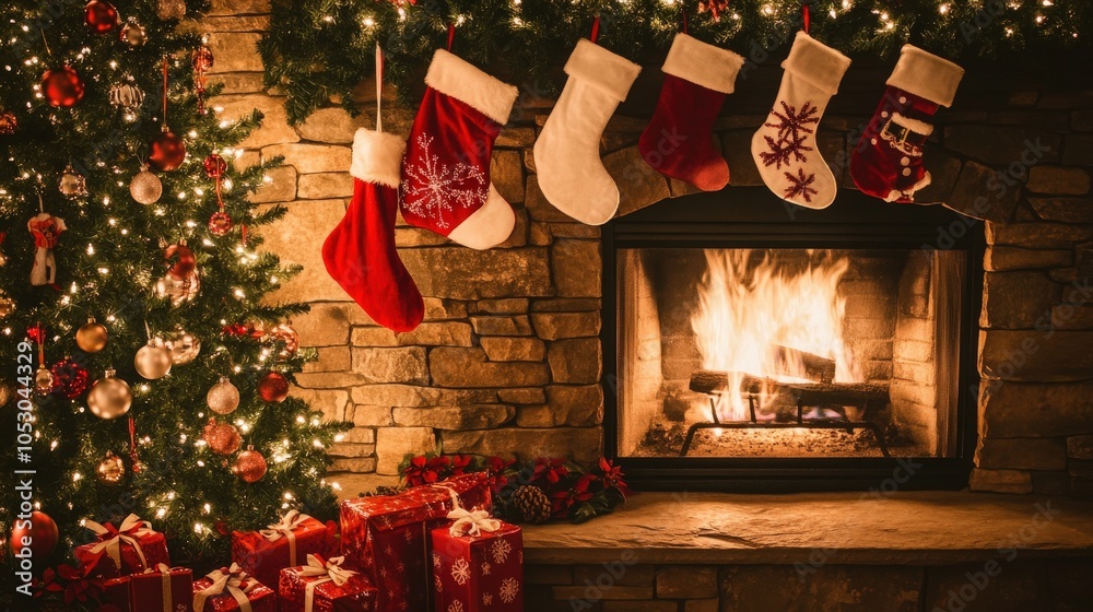 A Santa Claus figure standing by a fireplace, with stockings hung A Santa Claus figure standing by a fireplace, with stockings hung