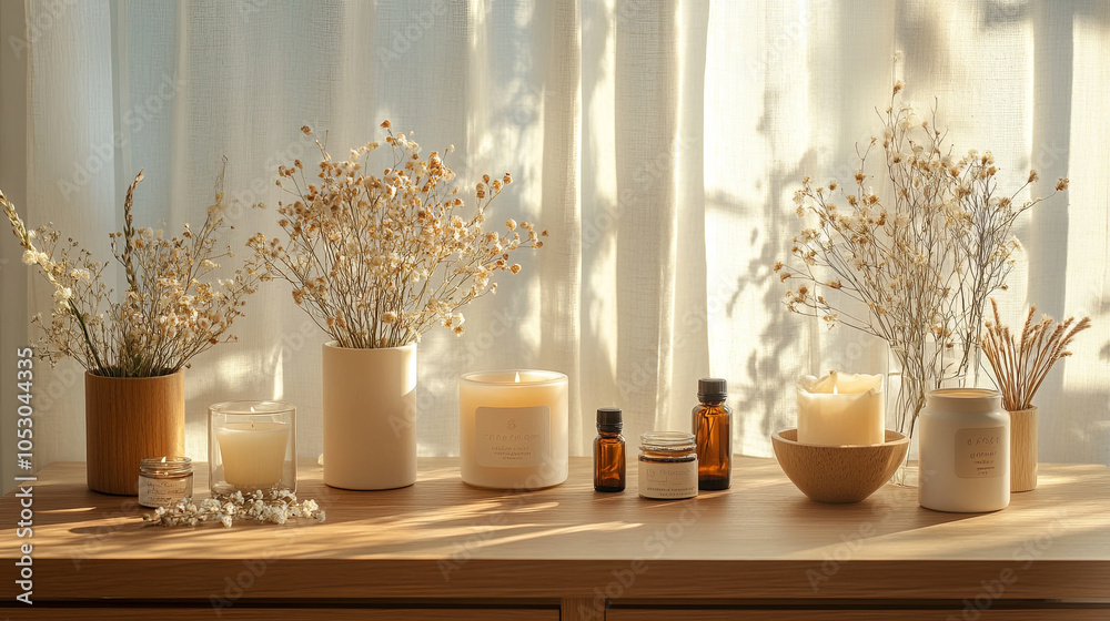 Cozy wooden workspace with natural decor, featuring candles, dried flowers, and essential oils. warm light creates serene atmosphere, perfect for relaxation and inspiration