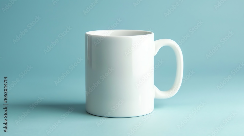 Fototapeta premium A white ceramic mug on a light blue background.