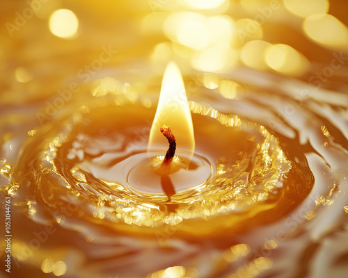 mesmerizing close up of candle wick surrounded by shimmering golden liquid, creating tranquil and warm atmosphere. gentle ripples enhance serene beauty of flame