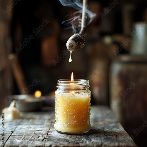 warm candle pouring scene captures essence of melted beeswax as it drips from wooden spoon into jar. soft glow of flame creates cozy atmosphere