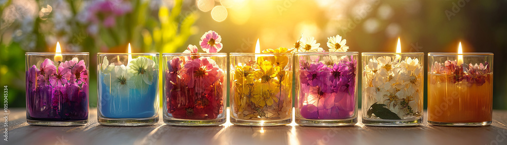 vibrant display of colorful scented candles, each filled with beautiful flowers, creates warm and inviting atmosphere. soft glow of flames enhances natural beauty of floral arrangements, perfect for