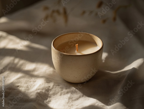 simple minimalist natural candle in textured ceramic holder, casting soft shadows on light fabric surface. warm glow creates serene and calming atmosphere