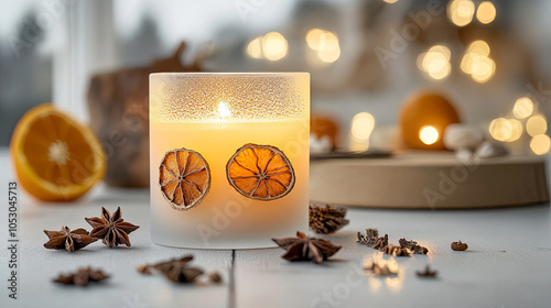 warm candle glows gently, surrounded by dried orange slices and star anise, creating cozy atmosphere perfect for relaxation. soft bokeh lights in background enhance inviting ambiance
