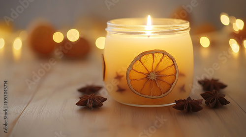 handmade candle emits gentle glow, surrounded by dried orange slices and star anise, creating warm and inviting atmosphere. Perfect for cozy evenings
