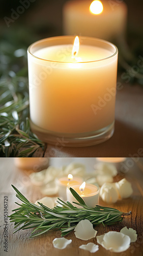 serene candle lit with warm glow, surrounded by fresh rosemary and delicate petals, creates calming atmosphere perfect for relaxation